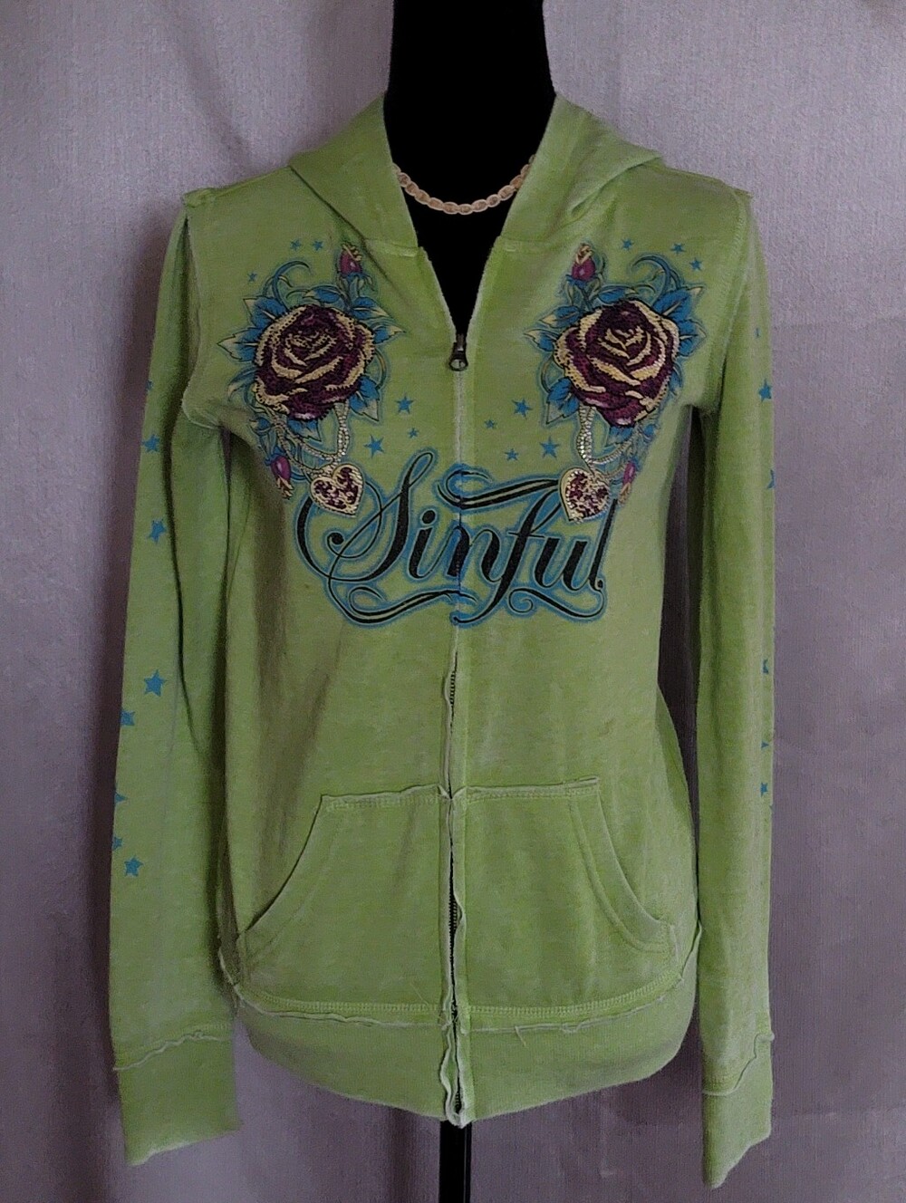 Sinful Embroidered Green Zip-Front Hoodie